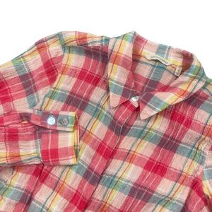 Soft Surroundings XL‎ Button Up Plaid Red 100% Linen Long Roll Up Sleeves